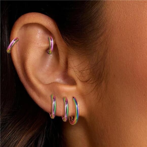5 Pairs Small Rainbow Hoop Earrings Unisex Hypoallergenic 316L Stainless Steel - Picture 4 of 7